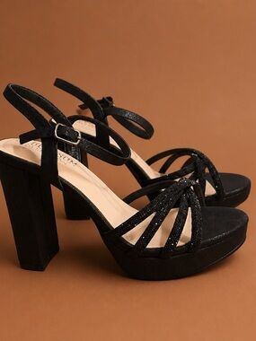 De Blossom Collection Black Strappy Platform Block Heels with Sparkle